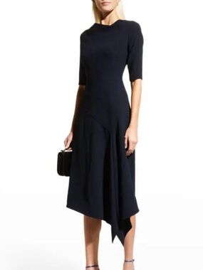 NWT Teri Jon Asymmetric Elbow-Sleeve Crepe Midi Dress